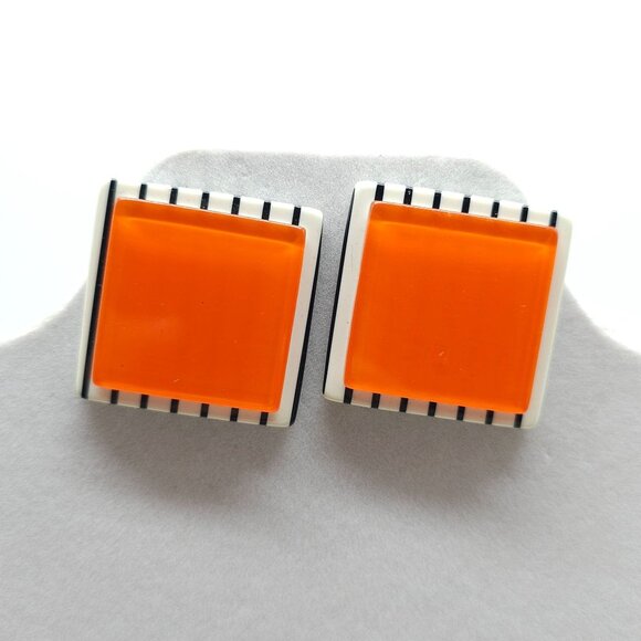 Vintage Orange Black Striped Acrylic Square 1980s Clip-On Earrings - Picture 1 of 6